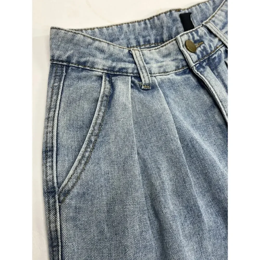 Cider Women's High Rise Pleated Wide Leg Jeans Size Small 26X28 Light wash 90s